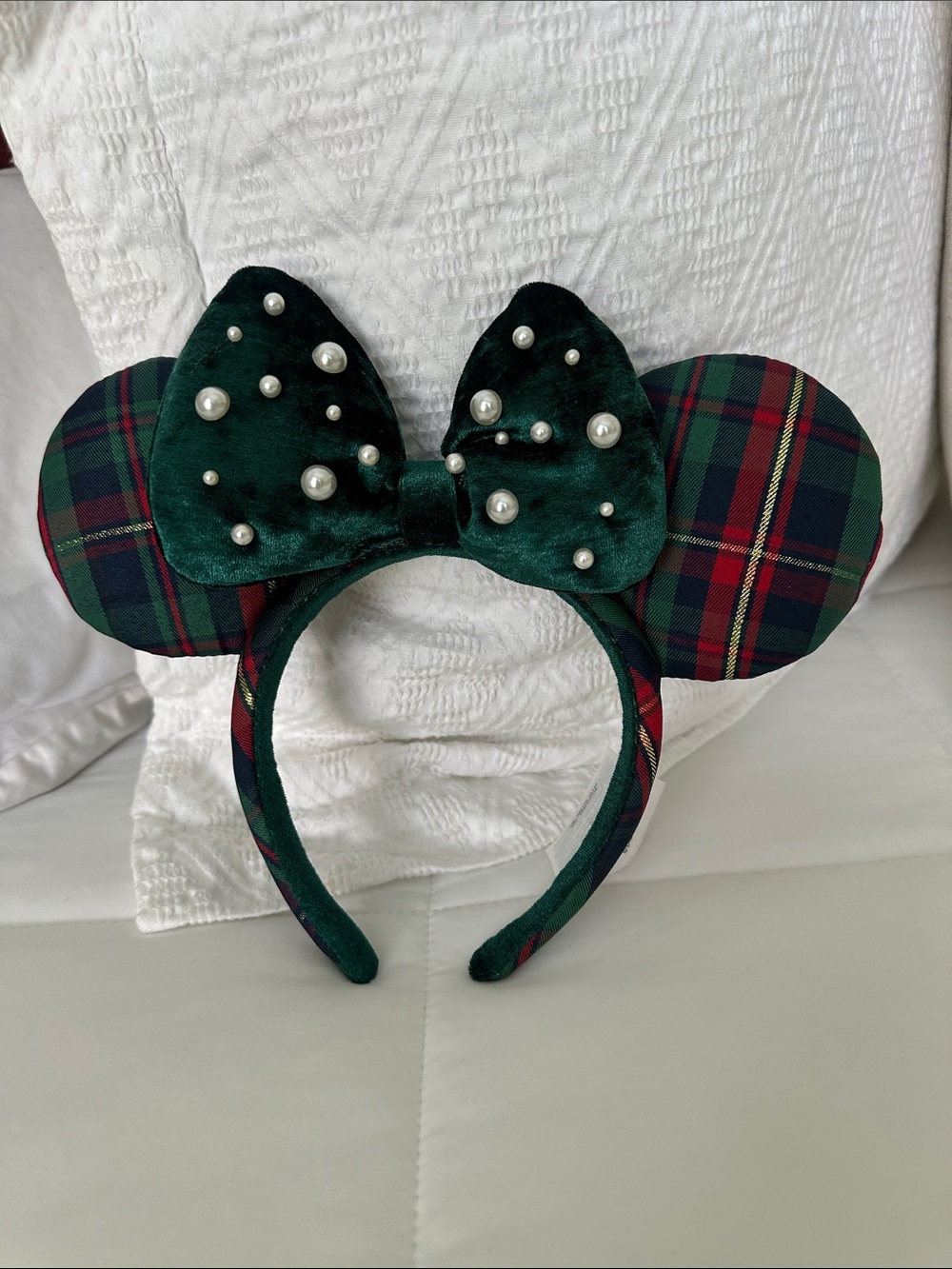 Disney Christmas Green Plaid Velvet Pearl Ear Headband
